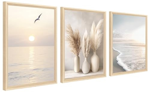 3Pcs Costa Playa Mar Ola Marco de Madera Cuadro Moderno Boho Pampas Hierba Océano Puesta de sol Cuadro Decoracion Salon Pintura Cuadros Decorativos Salon Dormitorio Baño 30cmx40cmx3 (Sin Plexiglás)