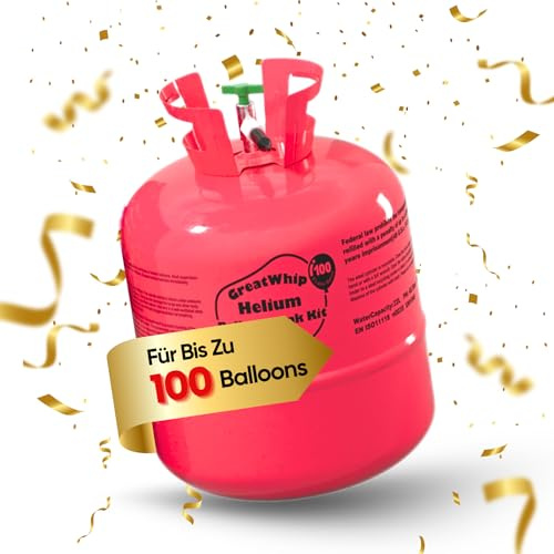 GreatWhip Ballongas für 100 Luftballons Helium Gasflasche 600 Liter (0,6m³) XXXL Einweg mit Füllventil, inkl. Kinderluftballons und Bänder, Hochzeit, Geburtstag, Firmenevent, Party