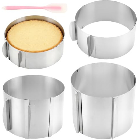 ZEONHEI 4 stycken tårtringar, justerbar höguppsättning, Ø 16–30 cm bakring, rostfritt stål med spatel, kakring, rund, justerbar bakram för skiktade kakor, cheesecake, 6 cm/8,5 cm/12 cm/15 cm