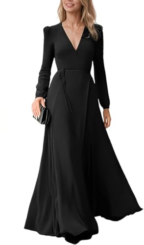 JYIXXZX Vestido de Fiesta Largo para Mujer Elegante Maxi Vestidos Manga Larga Cuello en V Casual Vestidos de Dama de Honor A-línea Chic Vestido de Noche para Cóctel Ceremonia Invitada Boda