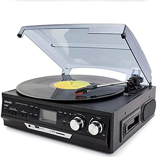 Skivspelare med AM/FM-radio, kassett, CD-spelare och stereohögtalare för vintage musiklyssning