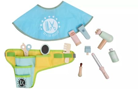 Kids Barber Roleplay Playset, Wooden Toy Hair Shop Set with Cape, Tool Belt, Scissors, Comb and Dryer