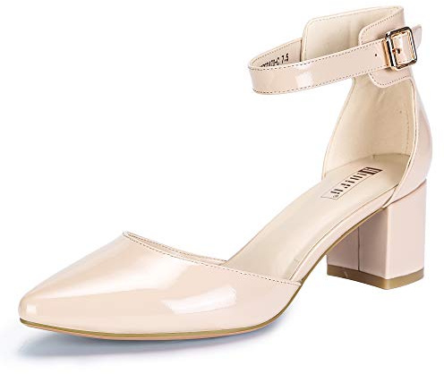 IDIFU Women's IN2 Pedazo Dress Shoes Low Block Heels Comfortable Chunky Closed Toe Ankle Strap Wedding Pumps(Nude Patent, 8 B(M) US)