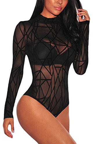 SEBOWEL Body Femme Sexy en Maille Transparente Manches Longues Col Roulé, Col Tortue, Transparent Club Tops Club Party Bodycon T-Shirt (XL, Noir)