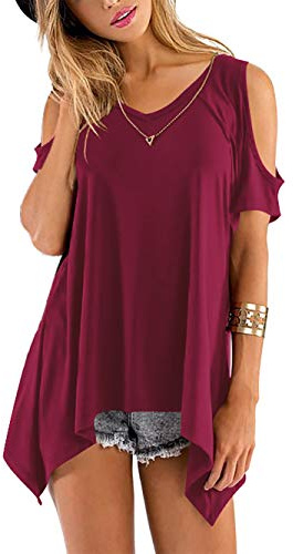 BeLuring Mujeres Chiffon Blusa de Manga Corta Tops Elegante Camiseta Suelta, Vino Rojo L