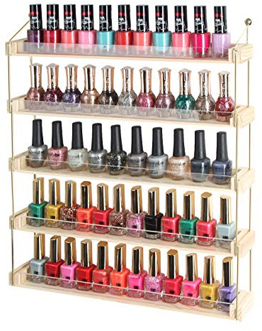 J JACKCUBE DESIGN Wall Mount Gold Metal and Wood Nail Polish Display Shelves Rack Organizer Holds 60 Bottles (5 Tier) - MK543A