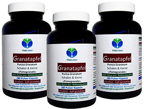 GRANATAPFEL Antioxidans + Ellagsäuren + MultiVitamin + MultiMineral für Durchblutung + Wechseljahre + Hitzewallungen - 540 (3x180) Pulver Kapseln - Natur pur - OHNE ZUSATZSTOFFE. 27050-5