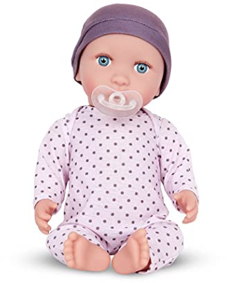 Babi by Battat - Muñeca recién Nacida de - Ojos Azules y Tono de Piel Medio Claro - Cuerpo Blando y Conjunto extraíble - Sombrero Lila y Accesorio para el Chupete - Muñeca de niña de 2 años