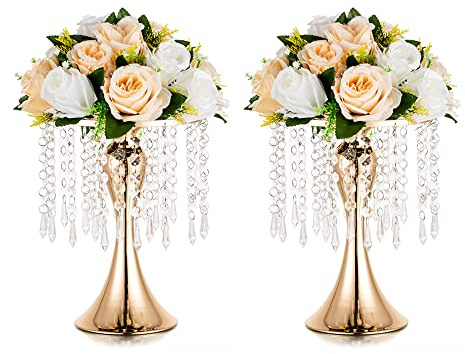 Gold Vases for Centerpieces, 10.2in Crystal Flower Arrangement Stand, Wedding Centerpieces for Tables, Tall Metal Flower Vase Holders for Wedding, Event, Reception, Birthday, Home Decor, 2 Pcs