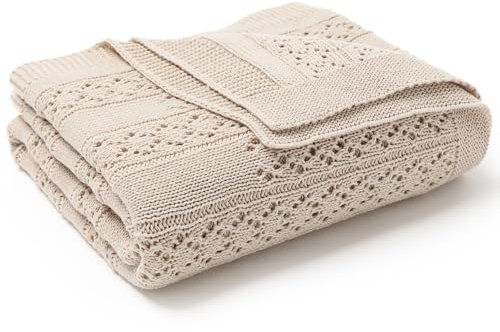 DovFanny Cotton Cellular Baby Blanket Knitted Soft Blanket for Newbron Baby Boy and Girls 100 x 80cm Beige