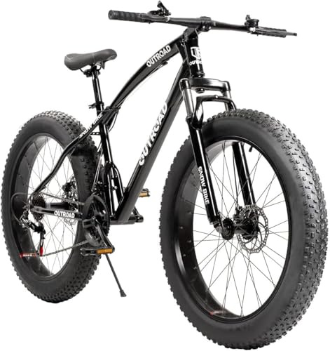 Outroad Fat Tire Mountain Bike with 26 inch Wheels, 21 Speed with High Carbon Steel Frame, Double Disc Brake and Front Suspension Anti-Slip Bikes,Black