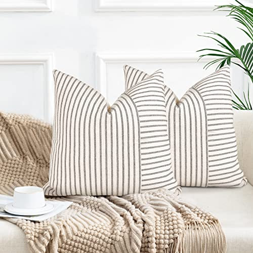 YCOLL 2er Set Kissenbezug 40x40 Baumwolle Leinen Kissenhülle Sofakissen Streifen Dekokissen Boho Deko Kissenhüllen Dekorativ Kissenbezüge für Sofa Wohnzimmer Schlafzimmer Outdoor Kissen 40x40 Gray