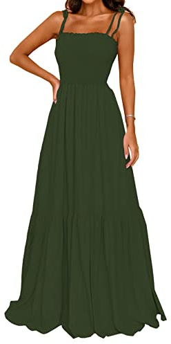 kinstell Abito Lungo Lungo da Donna 2025 Estivo Casual Boho Senza Maniche con Spalline Sottili Punto Smock Collo Quadrato Volant Una Linea da Spiaggia, Verde, L