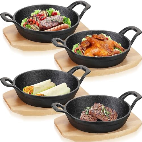 Sliner 4 Sets Mini Cast Iron Skillet Small Cast Iron Plates Skillet with Wooden Base Small Round Pan Fajita Plate Pot for Baking Cooking(7.9 Inches)