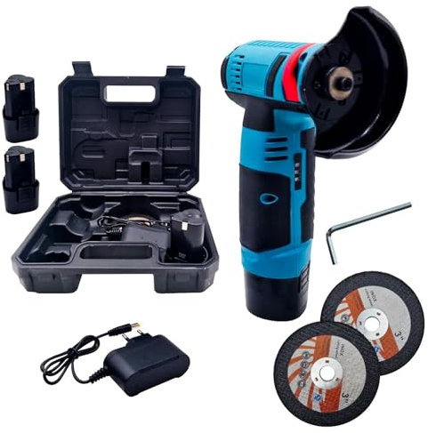 MAKA Smerigliatrice a Batteria Angolare 12 Volt 19.000 Giri al Minuto 2 Batterie da 2.000 mAh 2 Dischi da Taglio di Montaggio 1 cm Diametro Massimo Dischi 7.6 cm Lunga Autonomia (Pro + 2 Dischi)