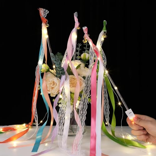 Wedding Wands mit LED Warmweiße Glowstick,Leuchtstäbe Set für Hochzeitsdeko Zauberstäbe Hochzeitsbändern Seidenfeenstab Luftschlangen mit Glocke fur Hochzeiten Geburtstage Weihnachten (colorful)