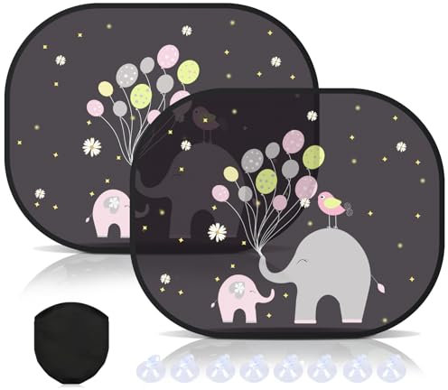 Autofenster Sonnenschutz Baby Auto Sonnenschutz Fur Kinder mit UV Schutz,44x36cm Auto Fenster Sonnenblende für Kinder mit 8 Saugnäpfen&Süßen Tier Motiven (Elefant)