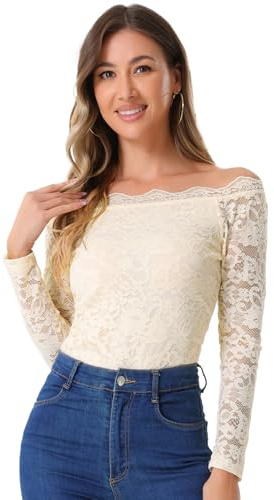 Allegra K Dam off shoulder spetsblus långärmad axellös topp blommor transparent elegant topp traditionell blus, Beige, XL
