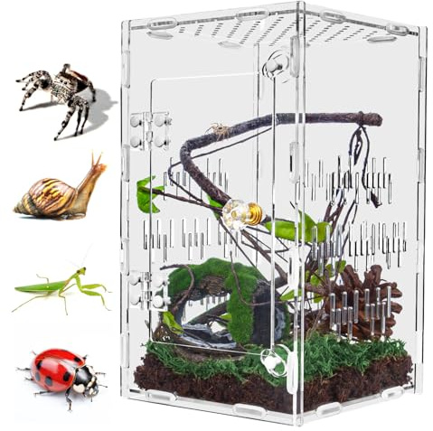 TCooSo Jumping Spider Enclosure, Large Acrylic Praying Mantis Habitat, 10*6*6 Ventilated Insect Terrarium Cage with Front Opening Door for Small Retiles - Arboreal Tarantula, Snails, Bug, Lizard