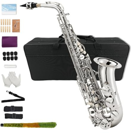 Yinfente Eb flaches Saxophon mit 10 Blättern, 8 Pads, Hartschalenkoffer und mehr, für Studenten, Anfänger, Erwachsene, Altsaxophon, Saxophon-Set (Silber)