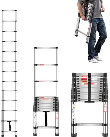 VEVOR Escalera Telescópica Extensible Ligera de Acero Inoxidable, con Retracción de Múltiples Botones, Carga 150 kg y Pies Antideslizantes, 13 Escalones para el Hogar, RV, Loft, 465 x 72 x 3740 mm