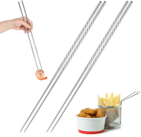2 Pairs Stainless Steel Chopsticks with Non Slip Threaded, 15.3 Inch Extra Long Cooking Chopsticks Reusable for Hot Pot, Noodle, Cooking, Frying (Silver)