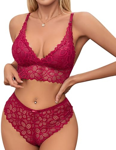 Satohom Ensemble de Lingerie Sexy pour Femme en Dentelle Broderie Florale Soutien-Gorge Rembourré sans Armatures et Culotte 2 Pièces Coquine sous Vetements Feminins Hot Push Up Nuisettes S-L