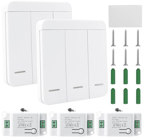 Juego de 2 interruptores de luz inalámbricos, 230 V, 10 A, con control de 3 receptores, interruptor de pared inalámbrico de hasta 50 m de alcance, 200 – 2000 W, no requiere cableado