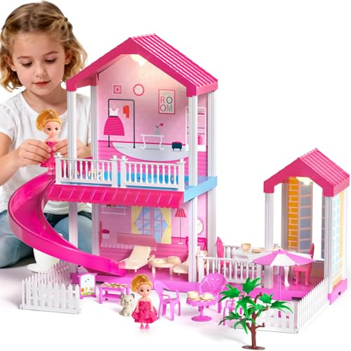 2 Étages Maisons de Poupée Filles Jouets de Ensemble,avec Mobiliers, Piscine, Toboggan, Chien, Figurines de Poupées Grandes Maisons de DIY Jouets Poupées Cadeau Filles pour Enfant 3+（Ansglisser）