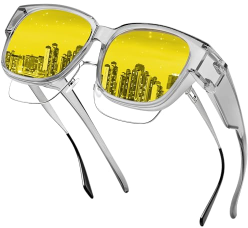 Farrobor Lunettes Conduite de Nuit Polarisées - Surlunettes de Soleil Verre Jaune Anti-éblouissement Lunette Vision Nocturne pour Homme Femme