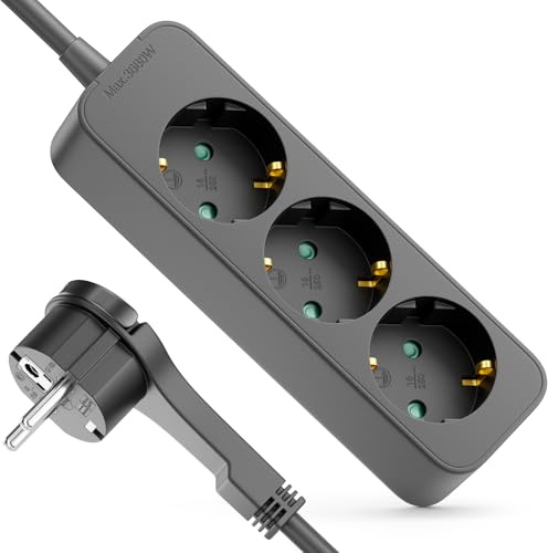 deleyCON Regleta 3 Tomas con Enchufe Plano - 1,4m Cable - Ideal Detrás Muebles, Base Múltiple Corriente Distribuidor Extensión Regleta 3680W 16A - Negro