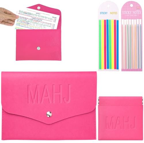 Fukaisu Mahjong Card Holder Set with Dice Pouch & 320 Pcs Line Finder Tape, Magnetic PU Leather Mahjong Accessories Organizer Case for Mahjong Rule Cards, Travel Game Night Gift (Hot Pink)