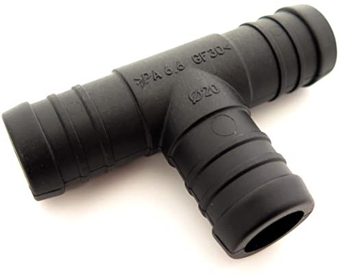 227s 20mm T-Piece Hose Connectors To Join Water, Fuel & Breather Pipes - Resistant to Fuels, Oils & Coolant - For Use Between -30C & 140C - Nylon PA66 - Black - 2 Pack