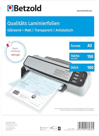 Betzold Laminierfolien - DIN A3 100 Stück Laminiertaschen reiß- und wasserfest Bürobedarf