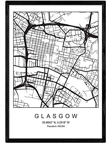 Skriv ut Glasgow City skandinavisk stil karta i svart och vitt. A4-display tryckt papper nr 250 GR. Målningar, tryck och affischer för vardagsrum och sovrum