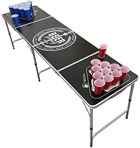 TEKONA Beer Pong Tisch Set - inkl. 100 Becher (50 Rot & 50 Blau), 6 Premium Bällen, & Regelwerk - Vintage Design