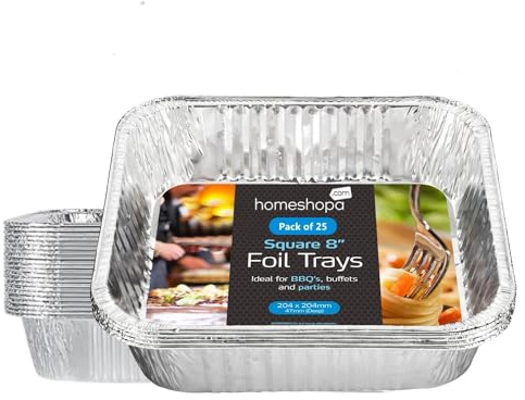 HOMESHOPA Aluminium Foil Trays, 8 Inch 25 Pack Square Disposable Tin Foil Containers, Best for Meal Prep, Baking, Broiling, Roasting, Freezing & Food Storage Takeaway Tins, Oven Freezer Safe