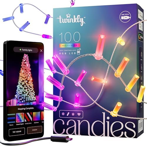 Twinkly Strings USB-C Candle 100 LED, Striscia Luci LED Forma di Candela, Luci LED Multicolore RGB, Luci San Valentino, Compatibile con Alexa, Google Home, Luci Mappabili, USB C, Filo Trasparente, 6m