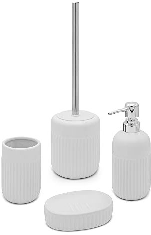 Inbagno Set Bagno Accessori Completo – 4 Pezzi, Kit Accessori appoggio Bianco, Include Dispenser, portaspazzolini, portasapone e scopino WC, Linea Cup