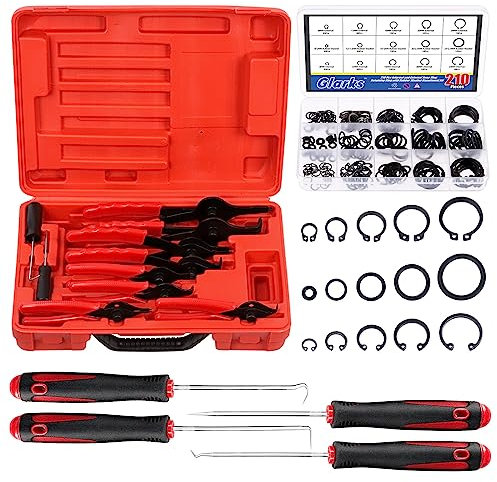 Glarks Set di 225 pinze resistenti per anelli a scatto, pinze dritte e piegate e anelli di sicurezza interni esterni a scatto e anelli circolari in gomma metrica con ganci di rimozione. Kit assortito
