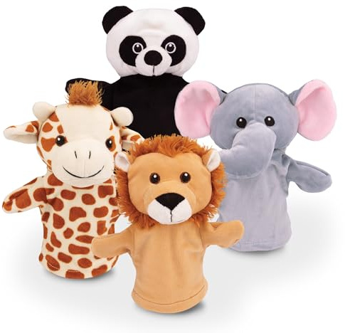 Grafix Marionetas de Mano Animales para Niños | Teatro de Marionetas en una Caja | Set de 4 Marionetas de Mano | Panda, León, Jirafa, Elefante | Títeres de Mano Animales de Felpa