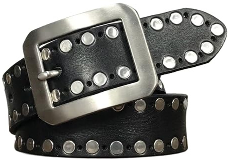 WRJAHCG Cinturones Hombre Remaches, Cinturón Tachonado Punk Rock, Cinturón Rivet Hip-Hop Ajustable de Cuero Genuino con Hebilla Metálica en Acero Inoxidable,Negro,95CM/37.4''