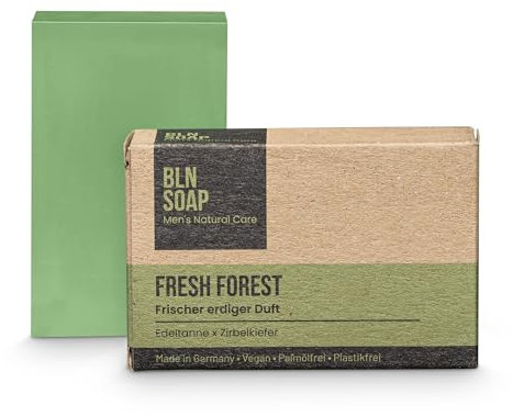 Feste Männerseife: Natürliche Seife für Männer, Hand, Körper & Haare, Shampoo Mann, Nachhaltig & Vegan, 3-in-1 Duschseife Herren, Festes Duschgel, 135 g Seifenstück, Edeltanne & Zirbelkiefer, BLN SOAP