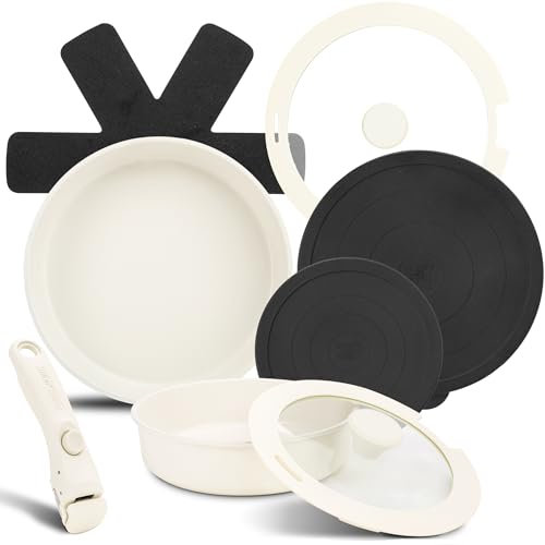 Moritz & Moritz 8tlg Aluguss Pfannenset Induktion mit abnehmbarem Griff, 2x Induktion Pfannen, 1x abnehmbarer Griff, je 2x Kunststoff- & Glasdeckel und 1x Pfannenschoner Filz, Pfanne abnehmbarer Griff