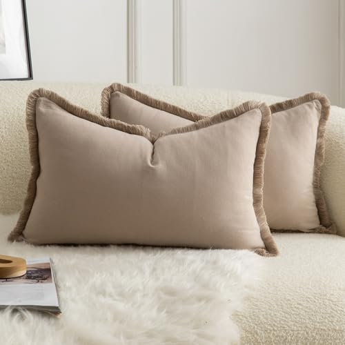 Mandioo 2er Set neutralen Baumwolle Quasten Kissenbezug 30x50cm Dekorative Kissenbezüge Dekokissen Boho Sofakissen Kissenhülle für Couch Sofa Schlafzimmer Wohnzimmer Heimdekoration TaupeName