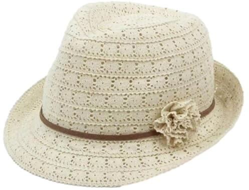 Women's Lace Trilby Summer Hat with Flower Detail Holiday Beach Elegant Floral Crochet Boho Style, Beige