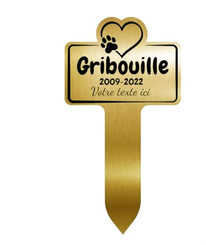 GRAVURE CONCEPT Plaque Funéraire pour Animaux - Stèle Commémorative Personnalisable PVC (Chien/Chat etc) - (Modèle 1 / Or Brillant Texte Noir)