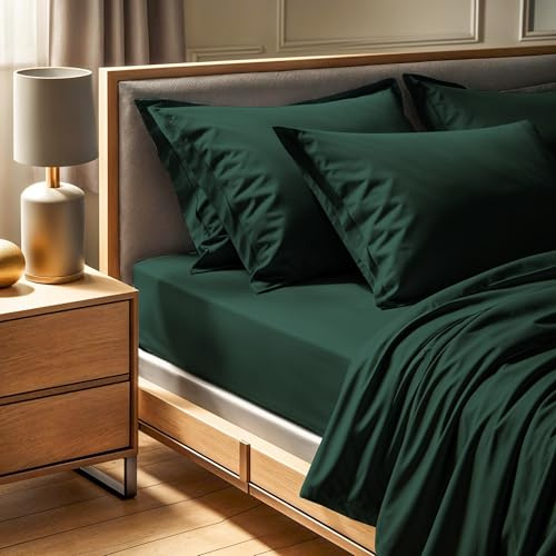 Premium mörkgrön ranforce King Fitted Sheet, 160 x 200 + 30 cm | 100% bomull, 155 trådkvantitet | maskintvättbar i 30 °C, mjuk och hållbar