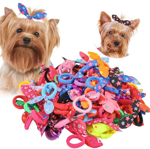 XIMA Dog Hair Accessories Set, 100 Pieces Colorful Rabbit Ear Hair Ties with Elastic Bands, Pet Grooming Bows for Dogs