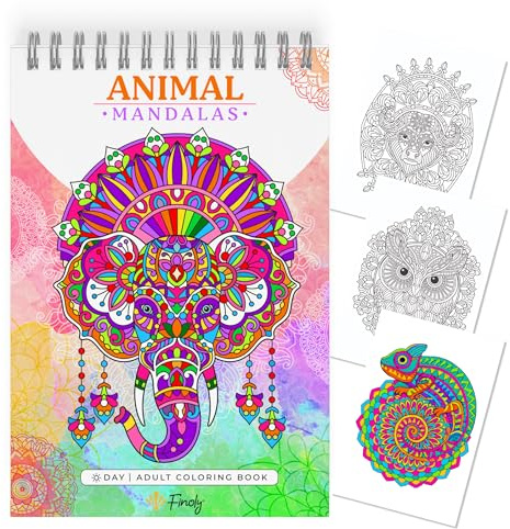 Finoly Libro Mandalas Colorear Adultos No Traspasa la Tinta | Cuaderno Mandalas Adultos Reduce el Estrés | Mandala para Colorear Adulto Animales A4 | Encuadernación Espiral